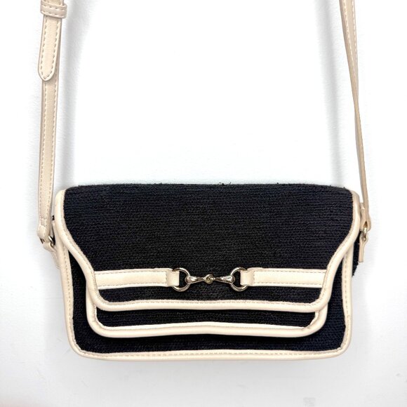 Express Handbags - Express Tweed Faux Leather Trim Horsebit Crossbody Bag Black 10" x 5.5" x 3"